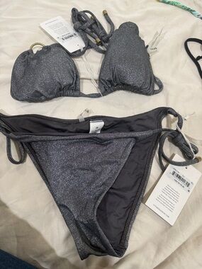 Vitamin A Metallic Charcoal Glitter Triangle String Bikini